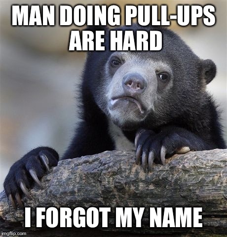 Confession Bear on a Diet | MAN DOING PULL-UPS ARE HARD; I FORGOT MY NAME | image tagged in memes,confession bear | made w/ Imgflip meme maker
