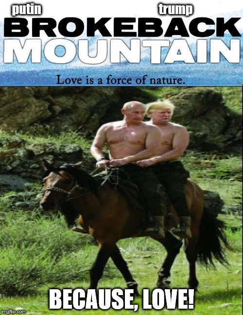 putin trump in love | putin                                                 trump; BECAUSE, LOVE! | image tagged in love,putin trump on horse,scumbag republicans,putin,trump,trump putin | made w/ Imgflip meme maker