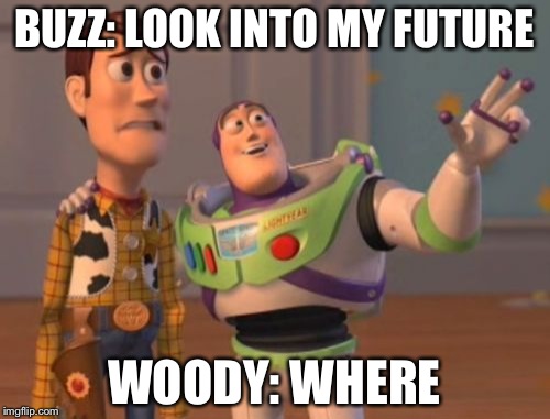 X, X Everywhere Meme | BUZZ: LOOK INTO MY FUTURE; WOODY: WHERE | image tagged in memes,x x everywhere | made w/ Imgflip meme maker
