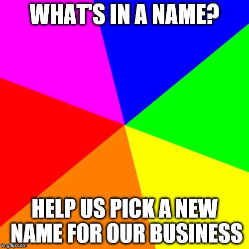Blank Colored Background | WHAT'S IN A NAME? HELP US PICK A NEW NAME FOR OUR BUSINESS | image tagged in memes,blank colored background | made w/ Imgflip meme maker