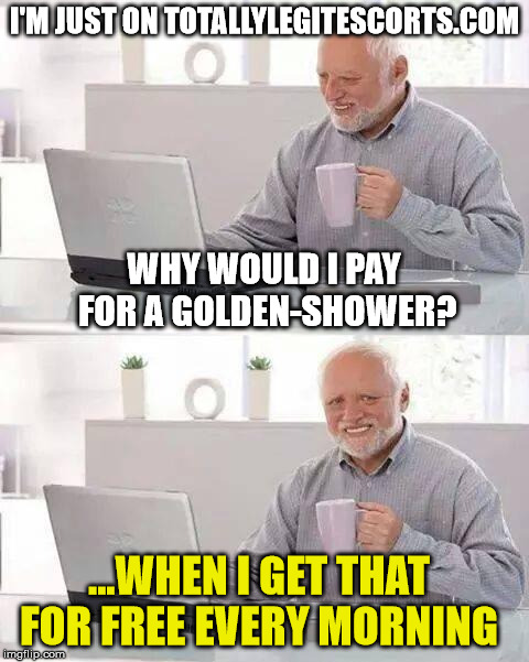 Sounds legit....www.totallylegitescorts.com | I'M JUST ON TOTALLYLEGITESCORTS.COM; WHY WOULD I PAY FOR A GOLDEN-SHOWER? ...WHEN I GET THAT FOR FREE EVERY MORNING | image tagged in memes,hide the pain harold,politics,funny,political,political meme | made w/ Imgflip meme maker