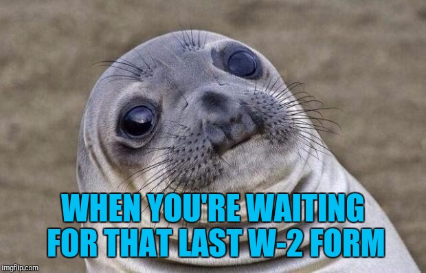 Awkward Moment Sealion Meme | WHEN YOU'RE WAITING FOR THAT LAST W-2 FORM | image tagged in memes,awkward moment sealion | made w/ Imgflip meme maker