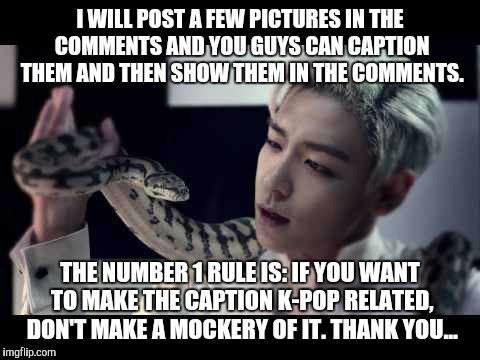 I own a public FB page and used Google but I can't always find good memes on there. And I know you guys make great memes... | I WILL POST A FEW PICTURES IN THE COMMENTS AND YOU GUYS CAN CAPTION THEM AND THEN SHOW THEM IN THE COMMENTS. THE NUMBER 1 RULE IS: IF YOU WANT TO MAKE THE CAPTION K-POP RELATED, DON'T MAKE A MOCKERY OF IT. THANK YOU... | image tagged in helping,caption this | made w/ Imgflip meme maker