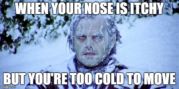 The Shining winter | WHEN YOUR NOSE IS ITCHY; BUT YOU'RE TOO COLD TO MOVE | image tagged in the shining winter | made w/ Imgflip meme maker