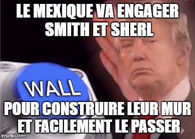 Trump wall button  | LE MEXIQUE VA ENGAGER SMITH ET SHERL; POUR CONSTRUIRE LEUR MUR ET FACILEMENT LE PASSER | image tagged in trump wall button | made w/ Imgflip meme maker