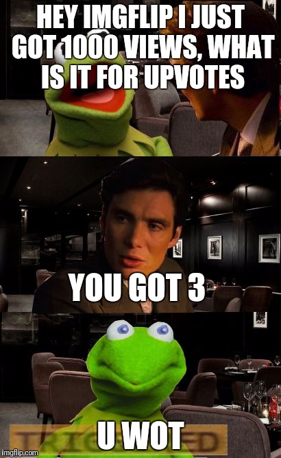 Kermit Triggered | HEY IMGFLIP I JUST GOT 1000 VIEWS, WHAT IS IT FOR UPVOTES; YOU GOT 3; U WOT | image tagged in kermit triggered | made w/ Imgflip meme maker
