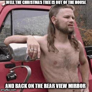 almost redneck | WELL THE CHRISTMAS TREE IS OUT OF THE HOUSE; AND BACK ON THE REAR VIEW MIRROR | image tagged in almost redneck | made w/ Imgflip meme maker