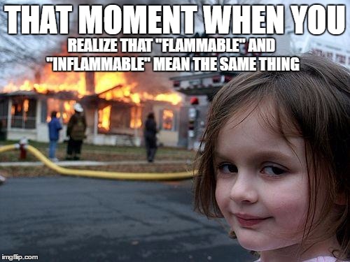 Disaster Girl | THAT MOMENT WHEN YOU; REALIZE THAT "FLAMMABLE" AND "INFLAMMABLE" MEAN THE SAME THING | image tagged in memes,disaster girl | made w/ Imgflip meme maker
