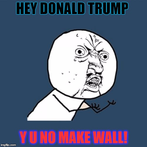 Y U NO MAKE WALL DONALD TRUMP? | HEY DONALD TRUMP; Y U NO MAKE WALL! | image tagged in memes,y u no | made w/ Imgflip meme maker