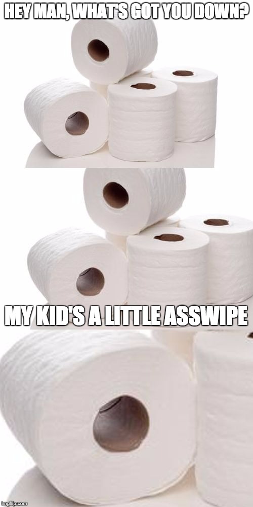 HEY MAN, WHAT'S GOT YOU DOWN? MY KID'S A LITTLE ASSWIPE | image tagged in bad pun tp | made w/ Imgflip meme maker