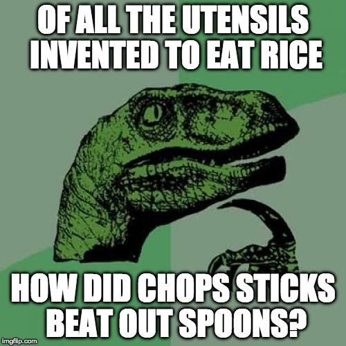 I'm half Thai and we eat most rice with our hands actually. | OF ALL THE UTENSILS INVENTED TO EAT RICE; HOW DID CHOPS STICKS BEAT OUT SPOONS? | image tagged in memes,philosoraptor,chop sticks,rice,bacon | made w/ Imgflip meme maker