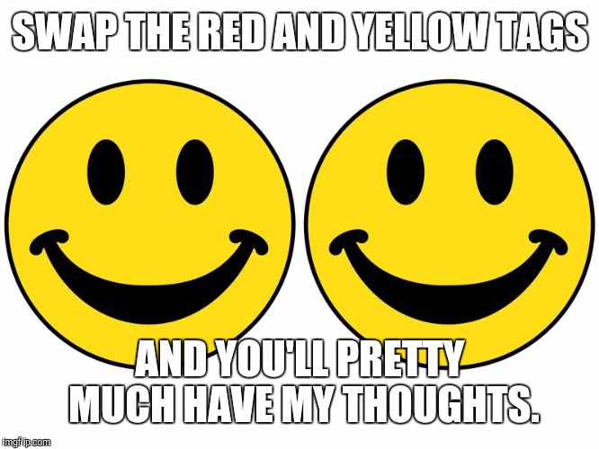 Smiley 2 | SWAP THE RED AND YELLOW TAGS AND YOU'LL PRETTY MUCH HAVE MY THOUGHTS. | image tagged in smiley 2 | made w/ Imgflip meme maker