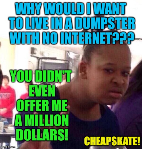 Black Girl Wat Meme | WHY WOULD I WANT TO LIVE IN A DUMPSTER WITH NO INTERNET??? YOU DIDN'T EVEN OFFER ME A MILLION DOLLARS! CHEAPSKATE! | image tagged in memes,black girl wat | made w/ Imgflip meme maker