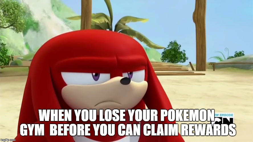 Team Instinct | WHEN YOU LOSE YOUR POKEMON GYM  BEFORE YOU CAN CLAIM REWARDS | image tagged in knuckles is not impressed - sonic boom,pokekmon go,team instinct,dead topics,pokemon,frustration | made w/ Imgflip meme maker