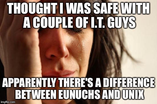 First World Problems Meme | THOUGHT I WAS SAFE WITH A COUPLE OF I.T. GUYS APPARENTLY THERE'S A DIFFERENCE BETWEEN EUNUCHS AND UNIX | image tagged in memes,first world problems | made w/ Imgflip meme maker