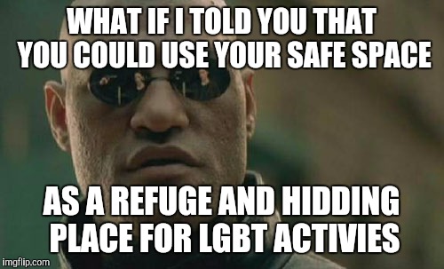 Matrix Morpheus | WHAT IF I TOLD YOU THAT YOU COULD USE YOUR SAFE SPACE; AS A REFUGE AND HIDDING PLACE FOR LGBT ACTIVIES | image tagged in memes,matrix morpheus | made w/ Imgflip meme maker