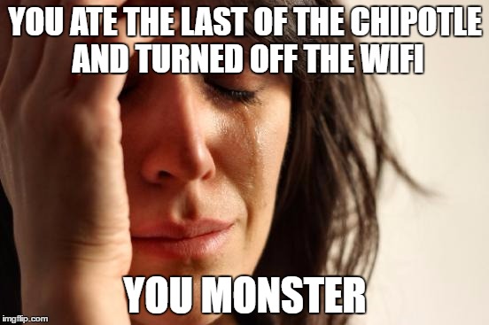 First World Problems | YOU ATE THE LAST OF THE CHIPOTLE AND TURNED OFF THE WIFI; YOU MONSTER | image tagged in memes,first world problems | made w/ Imgflip meme maker