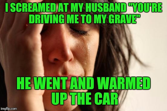 First World Problems Meme | I SCREAMED AT MY HUSBAND "YOU'RE DRIVING ME TO MY GRAVE"; HE WENT AND WARMED UP THE CAR | image tagged in memes,first world problems | made w/ Imgflip meme maker