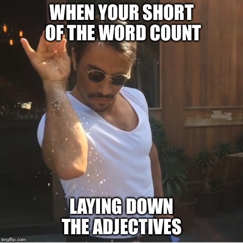 SprinkleChef | WHEN YOUR SHORT OF THE WORD COUNT; LAYING DOWN THE ADJECTIVES | image tagged in sprinklechef | made w/ Imgflip meme maker