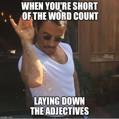 SprinkleChef | WHEN YOU'RE SHORT OF THE WORD COUNT; LAYING DOWN THE ADJECTIVES | image tagged in sprinklechef | made w/ Imgflip meme maker