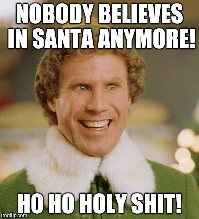 Buddy The Elf | NOBODY BELIEVES IN SANTA ANYMORE! HO HO HOLY SHIT! | image tagged in memes,buddy the elf | made w/ Imgflip meme maker