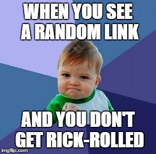 WHEN YOU SEE A RANDOM LINK; AND YOU DON'T GET RICK-ROLLED | image tagged in success | made w/ Imgflip meme maker