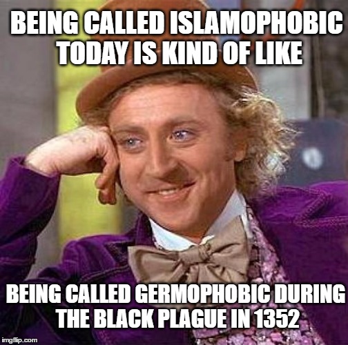 Creepy Condescending Wonka Meme | BEING CALLED ISLAMOPHOBIC TODAY IS KIND OF LIKE; BEING CALLED GERMOPHOBIC DURING THE BLACK PLAGUE IN 1352 | image tagged in memes,creepy condescending wonka | made w/ Imgflip meme maker