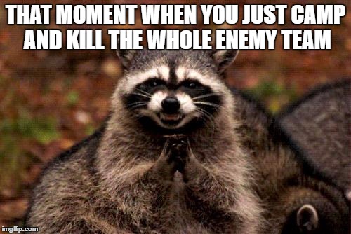 Evil Plotting Raccoon | THAT MOMENT WHEN YOU JUST CAMP AND KILL THE WHOLE ENEMY TEAM | image tagged in memes,evil plotting raccoon | made w/ Imgflip meme maker