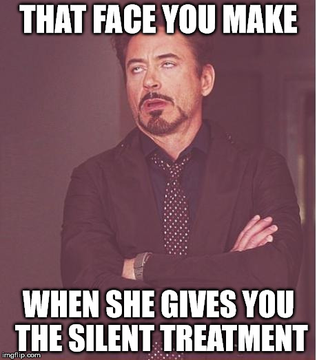 Face You Make Robert Downey Jr | THAT FACE YOU MAKE; WHEN SHE GIVES YOU THE SILENT TREATMENT | image tagged in memes,face you make robert downey jr | made w/ Imgflip meme maker