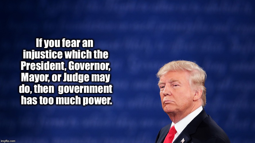 If you fear an injustice... | If you fear an injustice which the President, Governor, Mayor, or Judge may do, then  government  has too much power. | image tagged in trump against blue background,government,power | made w/ Imgflip meme maker