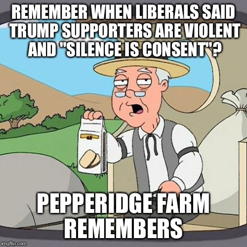 Pepperidge Farm Remembers Meme | REMEMBER WHEN LIBERALS SAID TRUMP SUPPORTERS ARE VIOLENT AND "SILENCE IS CONSENT"? PEPPERIDGE FARM REMEMBERS | image tagged in memes,pepperidge farm remembers | made w/ Imgflip meme maker