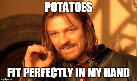 One Does Not Simply | POTATOES; FIT PERFECTLY IN MY HAND | image tagged in memes,one does not simply | made w/ Imgflip meme maker