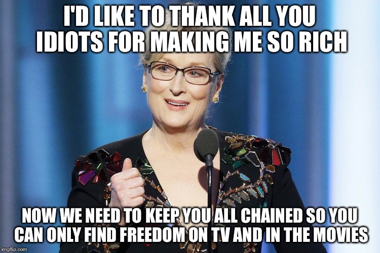 Meryl's Grief | I'D LIKE TO THANK ALL YOU IDIOTS FOR MAKING ME SO RICH NOW WE NEED TO KEEP YOU ALL CHAINED SO YOU CAN ONLY FIND FREEDOM ON TV AND IN THE MOV | image tagged in memes,political meme | made w/ Imgflip meme maker