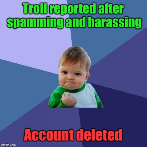 Success Kid Meme | Troll reported after spamming and harassing; Account deleted | image tagged in memes,success kid | made w/ Imgflip meme maker