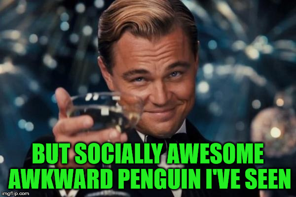 Leonardo Dicaprio Cheers Meme | BUT SOCIALLY AWESOME AWKWARD PENGUIN I'VE SEEN | image tagged in memes,leonardo dicaprio cheers | made w/ Imgflip meme maker