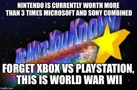 I decided to check stocks today and dicovered this | NINTENDO IS CURRENTLY WORTH MORE THAN 3 TIMES MICROSOFT AND SONY COMBINED; FORGET XBOX VS PLAYSTATION, THIS IS WORLD WAR WII | image tagged in the more you know,memes,nintendo,sony,microsoft,xbox vs ps4 | made w/ Imgflip meme maker
