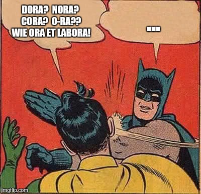 Batman Slapping Robin Meme | DORA?  NORA?  CORA?  O-RA??  WIE ORA ET LABORA! ... | image tagged in memes,batman slapping robin | made w/ Imgflip meme maker
