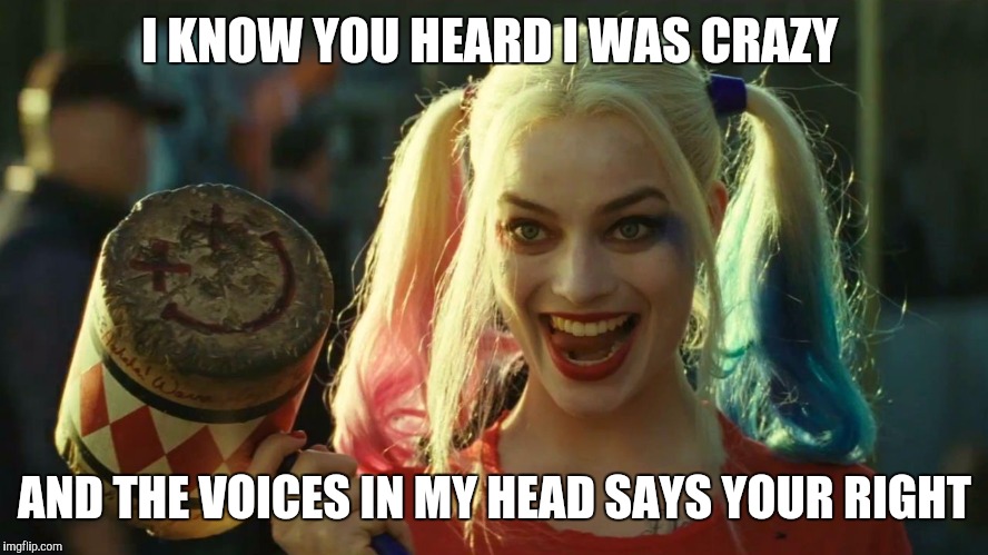 #WhyLie | I KNOW YOU HEARD I WAS CRAZY; AND THE VOICES IN MY HEAD SAYS YOUR RIGHT | image tagged in harley quinn hammer,funny memes,suicide squad,harley quinn,memes | made w/ Imgflip meme maker