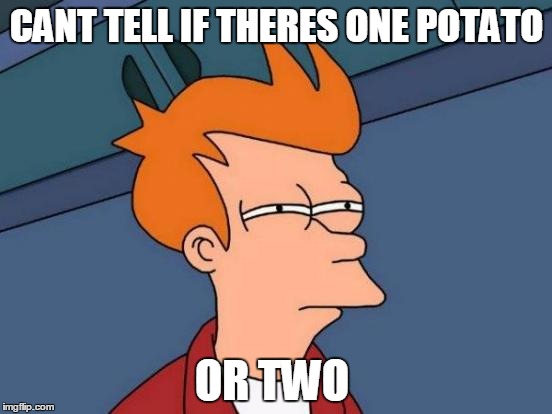 Futurama Fry Meme | CANT TELL IF THERES ONE POTATO; OR TWO | image tagged in memes,futurama fry | made w/ Imgflip meme maker