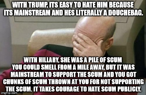 Captain Picard Facepalm Meme | WITH TRUMP, ITS EASY TO HATE HIM BECAUSE ITS MAINSTREAM AND HES LITERALLY A DOUCHEBAG. WITH HILLARY, SHE WAS A PILE OF SCUM YOU COULD SMELL  | image tagged in memes,captain picard facepalm | made w/ Imgflip meme maker