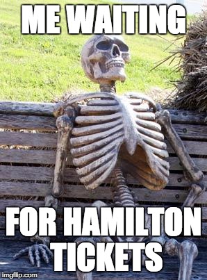 Waiting Skeleton Meme | ME WAITING; FOR HAMILTON TICKETS | image tagged in memes,waiting skeleton | made w/ Imgflip meme maker