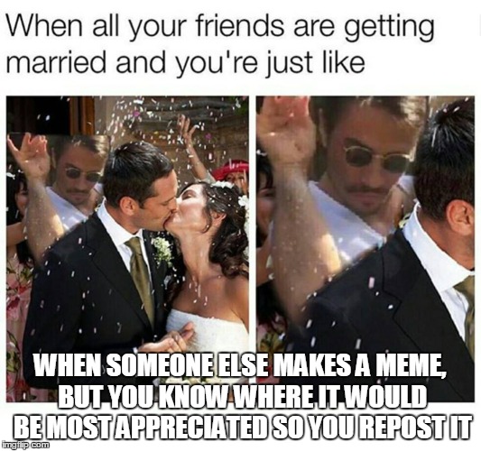 WHEN SOMEONE ELSE MAKES A MEME, BUT YOU KNOW WHERE IT WOULD BE MOST APPRECIATED SO YOU REPOST IT | image tagged in repost,memes,marriage,marry,salty,saltybae | made w/ Imgflip meme maker