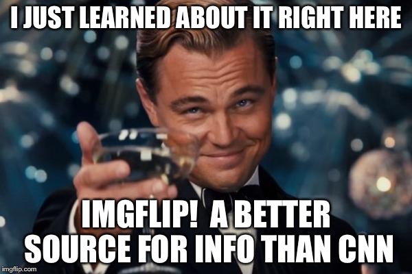 Leonardo Dicaprio Cheers Meme | I JUST LEARNED ABOUT IT RIGHT HERE IMGFLIP!  A BETTER SOURCE FOR INFO THAN CNN | image tagged in memes,leonardo dicaprio cheers | made w/ Imgflip meme maker