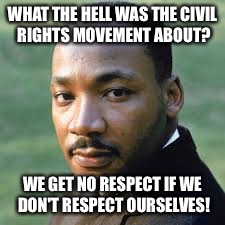 WHAT THE HELL WAS THE CIVIL RIGHTS MOVEMENT ABOUT? WE GET NO RESPECT IF WE DON'T RESPECT OURSELVES! | made w/ Imgflip meme maker