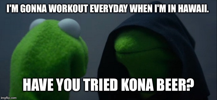Evil Kermit | I'M GONNA WORKOUT EVERYDAY WHEN I'M IN HAWAII. HAVE YOU TRIED KONA BEER? | image tagged in evil kermit | made w/ Imgflip meme maker