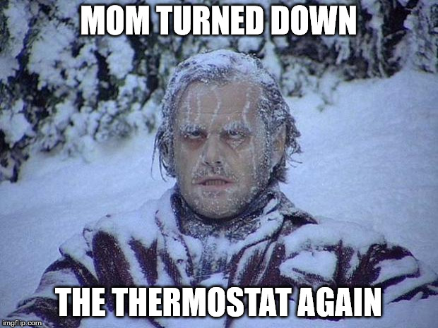 Jack Nicholson The Shining Snow | MOM TURNED DOWN; THE THERMOSTAT AGAIN | image tagged in memes,jack nicholson the shining snow | made w/ Imgflip meme maker