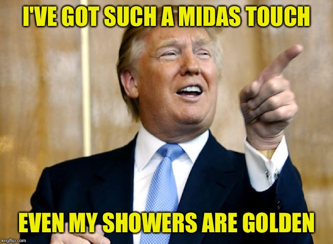 The Midas Touch | I'VE GOT SUCH A MIDAS TOUCH; EVEN MY SHOWERS ARE GOLDEN | image tagged in donald trump pointing | made w/ Imgflip meme maker
