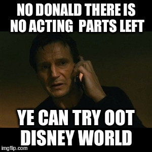 Liam Neeson Taken | NO DONALD THERE IS NO ACTING  PARTS LEFT; YE CAN TRY OOT DISNEY WORLD | image tagged in memes,liam neeson taken | made w/ Imgflip meme maker