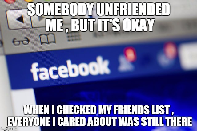 SOMEBODY UNFRIENDED ME , BUT IT'S OKAY; WHEN I CHECKED MY FRIENDS LIST , EVERYONE I CARED ABOUT WAS STILL THERE | image tagged in facebook | made w/ Imgflip meme maker