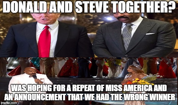 DONALD AND STEVE TOGETHER? WAS HOPING FOR A REPEAT OF MISS AMERICA AND AN ANNOUNCEMENT THAT WE HAD THE WRONG WINNER | image tagged in election 2016 aftermath | made w/ Imgflip meme maker